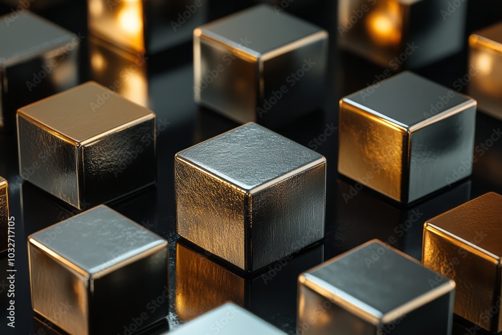 Shiny Metallic Cubes in a Grid Arrangement Shiny Metallic Cubes in a Grid Arrangement