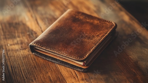 A vintage leather wallet resting on a wooden surface, showcasing its texture and craftsmanship.