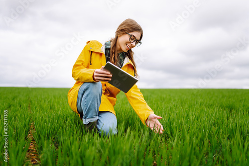 Young farmer woman in a green field using a tablet. Smart farm. The concept of technology, gardening. Rich harvest.