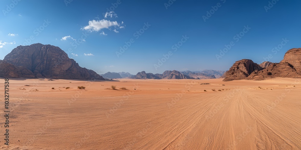 The majestic Wadi Rum desert features endless sandy plains and impressive mountains, illuminated by bright sunlight during midday