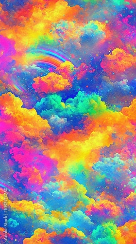  A stunning artwork with vibrant shades of clouds and rainbows in a sky of blue, yellow, pink, and green