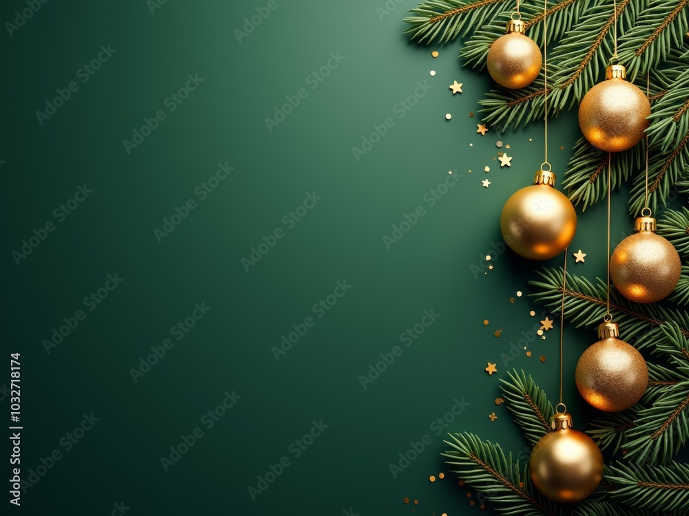 Golden ornaments dangle gracefully from lush evergreen branches, creating a festive ambiance perfect for holiday celebrations Golden ornaments dangle gracefully from lush evergreen branches, creating a festive ambiance perfect for holiday celebrations