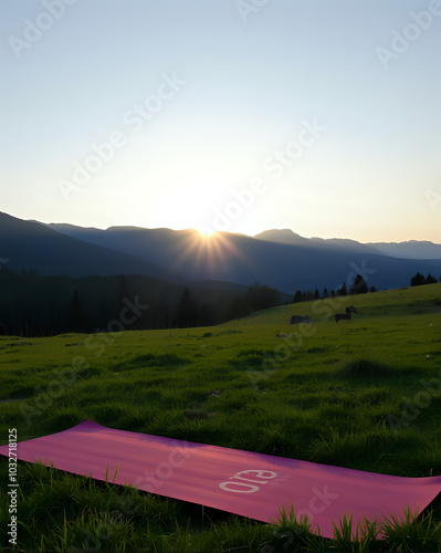 le tapis de yoga se trouve sur l'herbe, le lever du soleil, le matin photo