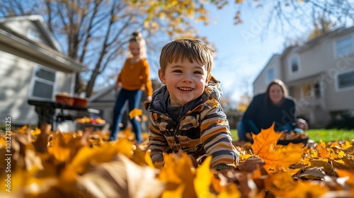 Happy boy playing in autumn leaves while family rakes in warm sunlight, capturing a joyful childhood moment of togetherness and love