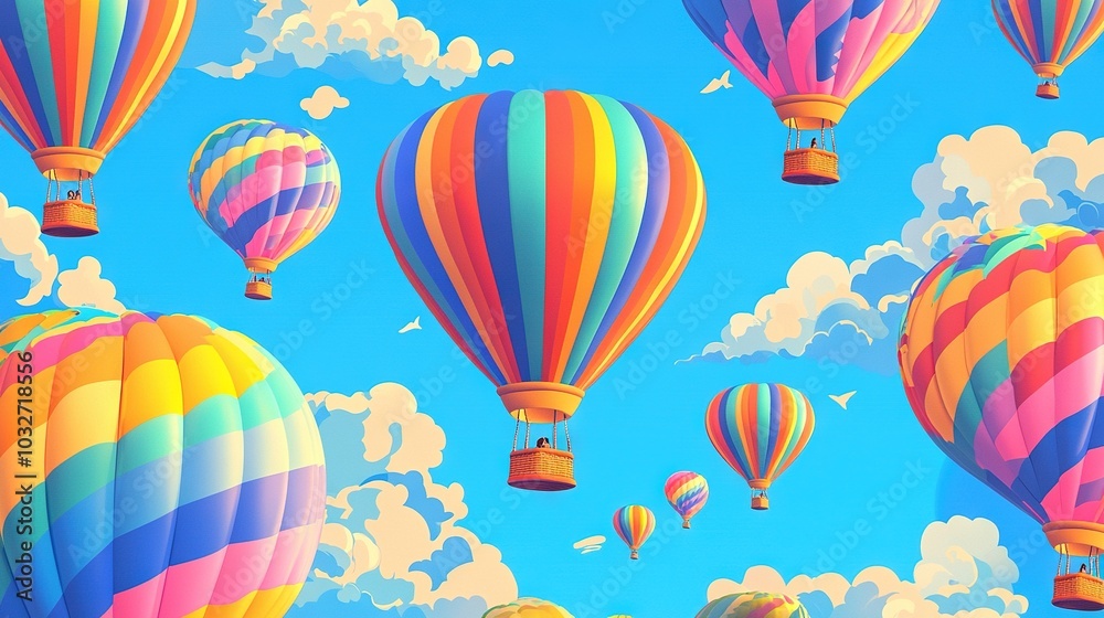 A flock of vibrant hot air balloons drifts through a clear blue sky adorned with billowy white clouds on a warm, sunny day A flock of vibrant hot air balloons drifts through a clear blue sky adorned with billowy white clouds on a warm, sunny day