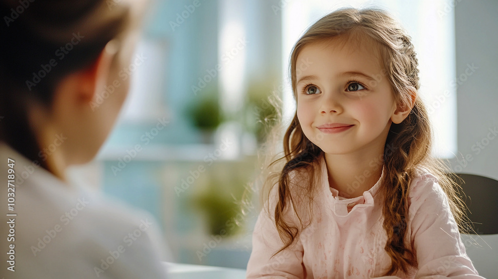 A little girl at a pediatrician's appointment sits in a cabinet and looks smiling at pediatrician. A well-behaved preschool child A kid with a teacher A little girl at a pediatrician's appointment sits in a cabinet and looks smiling at pediatrician. A well-behaved preschool child A kid with a teacher