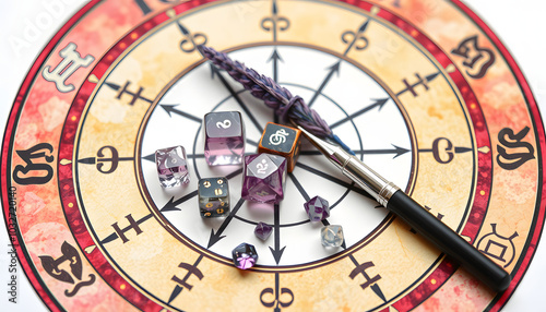 Gemstones, astrology dices, pen and lavender on zodiac wheel with sign triplicities, flat lay isolated with white highlights, png