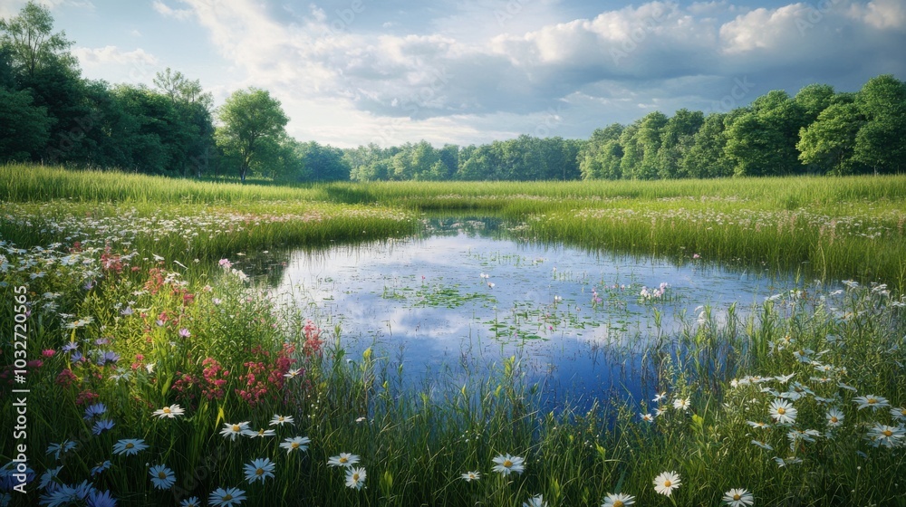 A wide view of a meadow with tall grasses, wildflowers, and a small pond reflecting the sky A wide view of a meadow with tall grasses, wildflowers, and a small pond reflecting the sky