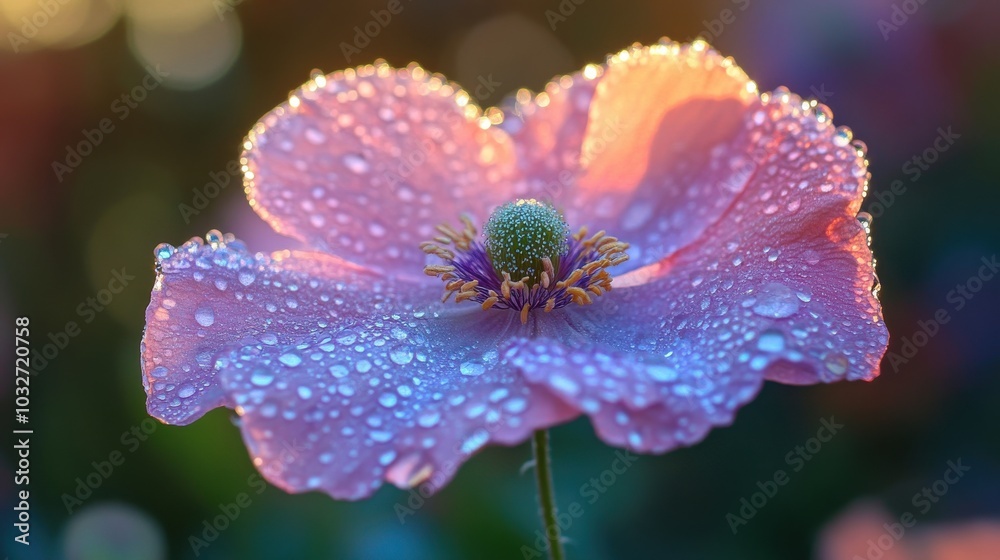 A close-up of a meadow flower with dew-covered petals glowing in the early morning light A close-up of a meadow flower with dew-covered petals glowing in the early morning light