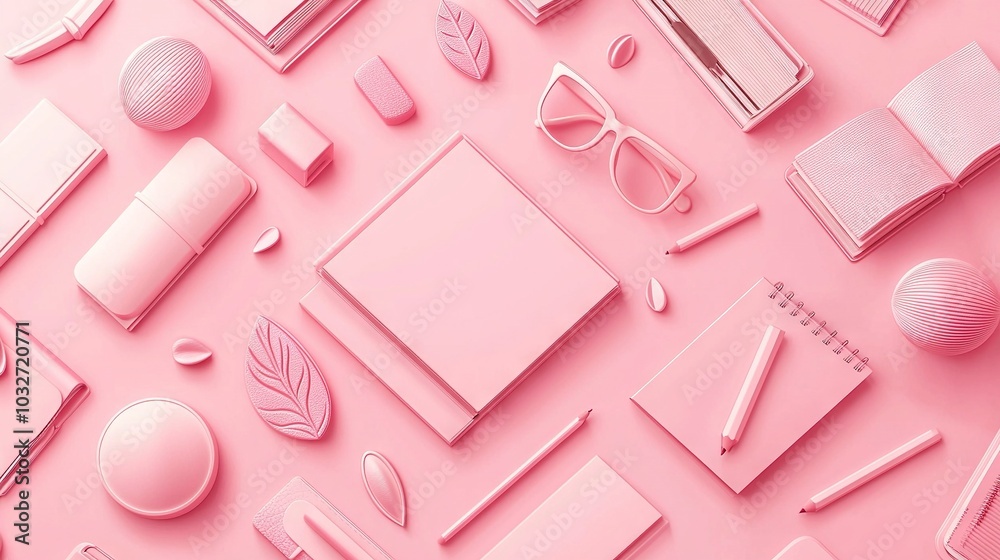 A pink background with various pink items like a notebook, pen, glasses, and more A pink background with various pink items like a notebook, pen, glasses, and more