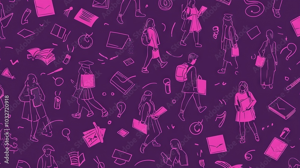 A group of people strolls down the street beside a heap of bags and suitcases against a purplish backdrop A group of people strolls down the street beside a heap of bags and suitcases against a purplish backdrop