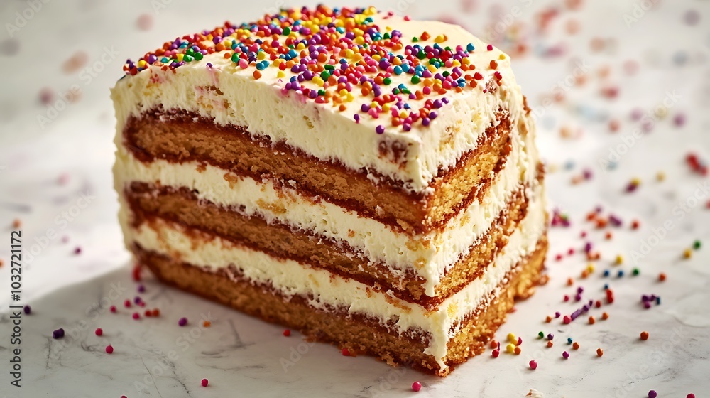 slice of birthday cake with multiple layers and colorful sprinkles on top isolated background slice of birthday cake with multiple layers and colorful sprinkles on top isolated background