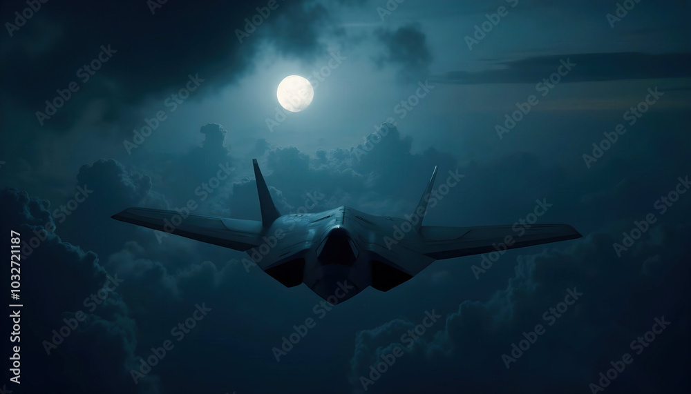 A stealth aircraft soaring through the night sky, silhouetted against a backdrop of twinkling stars. Its sleek design emphasizes advanced technology and silent operation, creating an aura of mystery.
A stealth aircraft soaring through the night sky, silhouetted against a backdrop of twinkling stars. Its sleek design emphasizes advanced technology and silent operation, creating an aura of mystery.