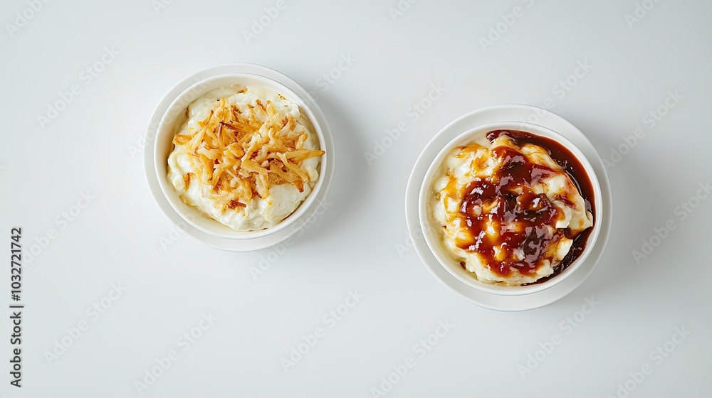 Savory plates of cheese and barbecue sauce combinations, set against a clean white background for contrast.