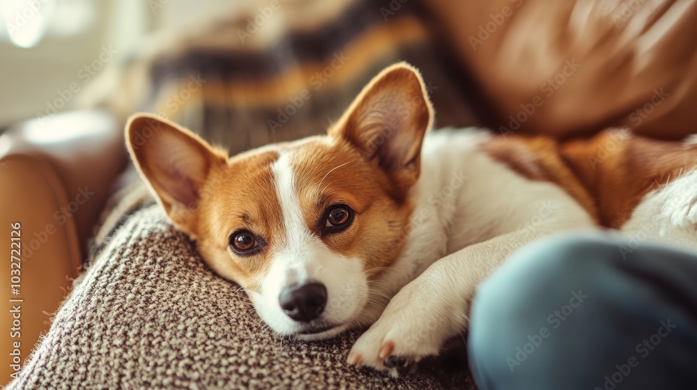 Cozy corgi relaxing comfortably on a couch in a warm living room during a sunny afternoon Cozy corgi relaxing comfortably on a couch in a warm living room during a sunny afternoon