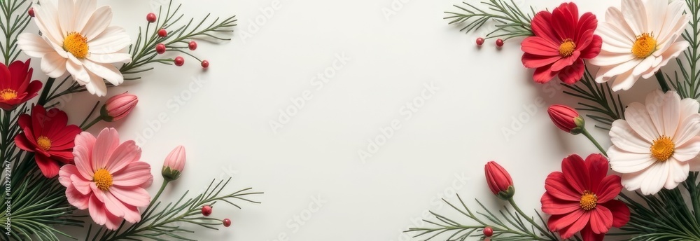 A festive frame of red and white flowers and pine branches on a soft white background, with a blank center offering space for text or design. The arrangement creates a holiday or seasonal feel. Horizo