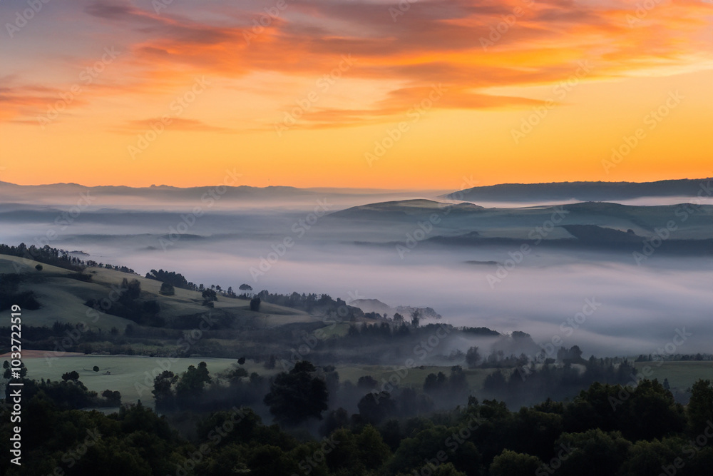 Fototapeta premium A valley shrouded in mist, glowing with the first light of sunrise.