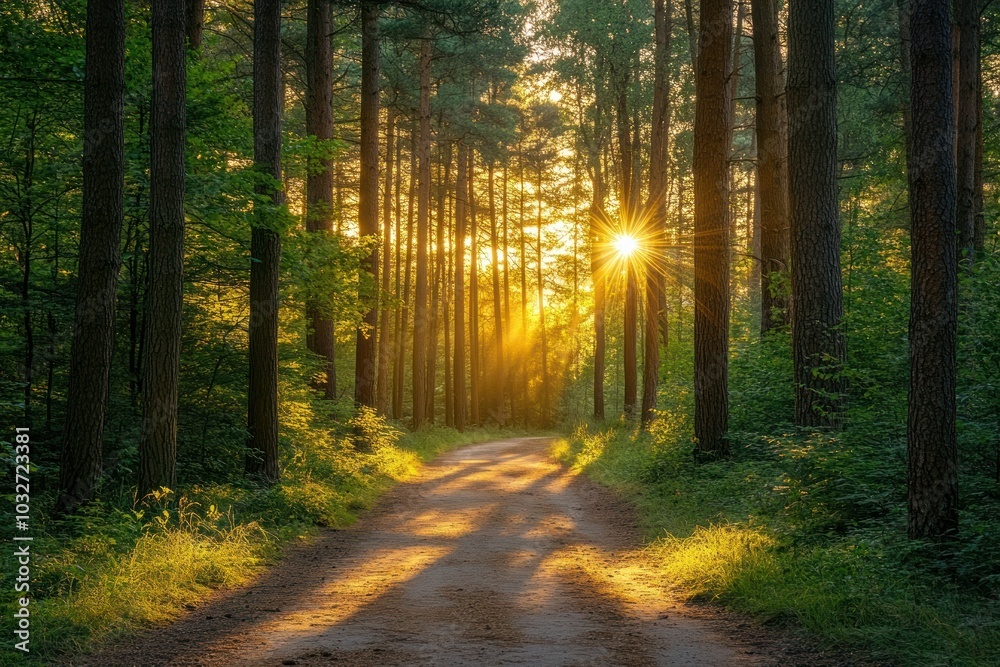 Obraz premium Sunlit Path Through a Dense Forest