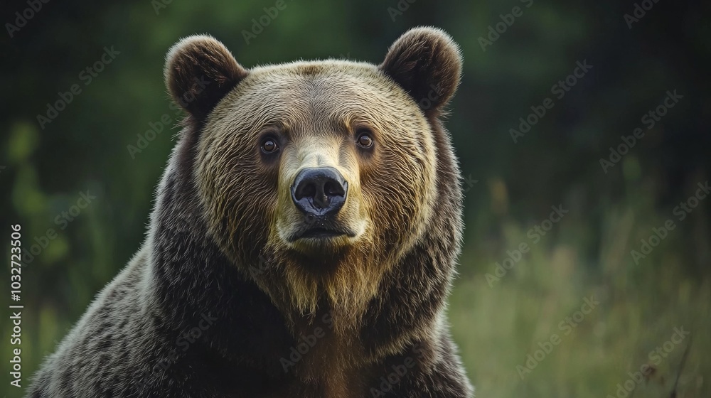 Fototapeta premium A large brown bear stands in a grassy field. The bear has a big, furry face and is looking directly at the camera. The scene is peaceful and serene, with the bear being the main focus of the image