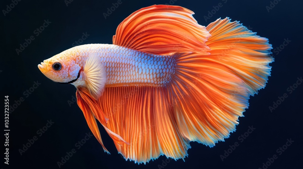 A vibrant betta fish with flowing fins swimming gracefully in a dark background. A vibrant betta fish with flowing fins swimming gracefully in a dark background.