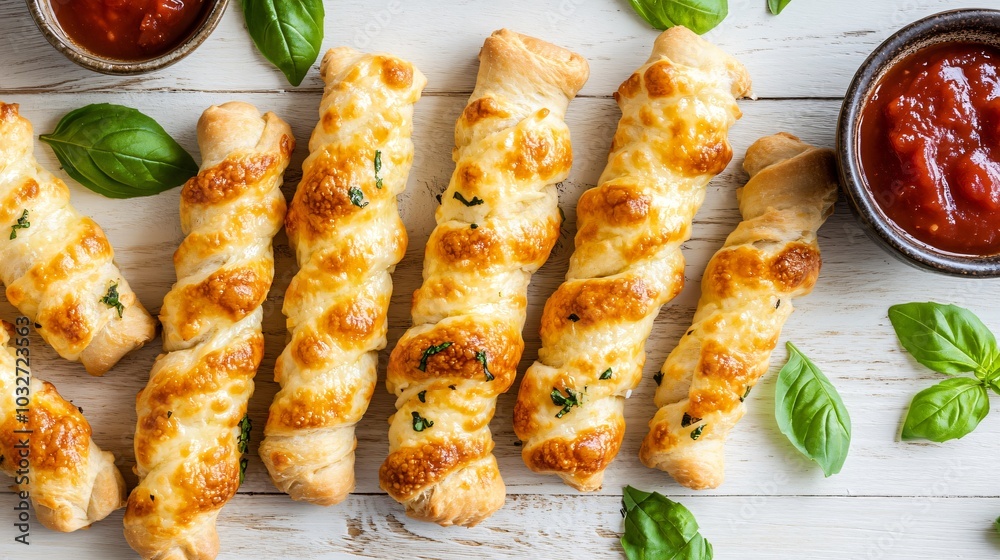 Cheese-coated breadsticks, isolated on a light wooden surface with decorative bowls of dipping sauces and basil sprigs Cheese-coated breadsticks, isolated on a light wooden surface with decorative bowls of dipping sauces and basil sprigs