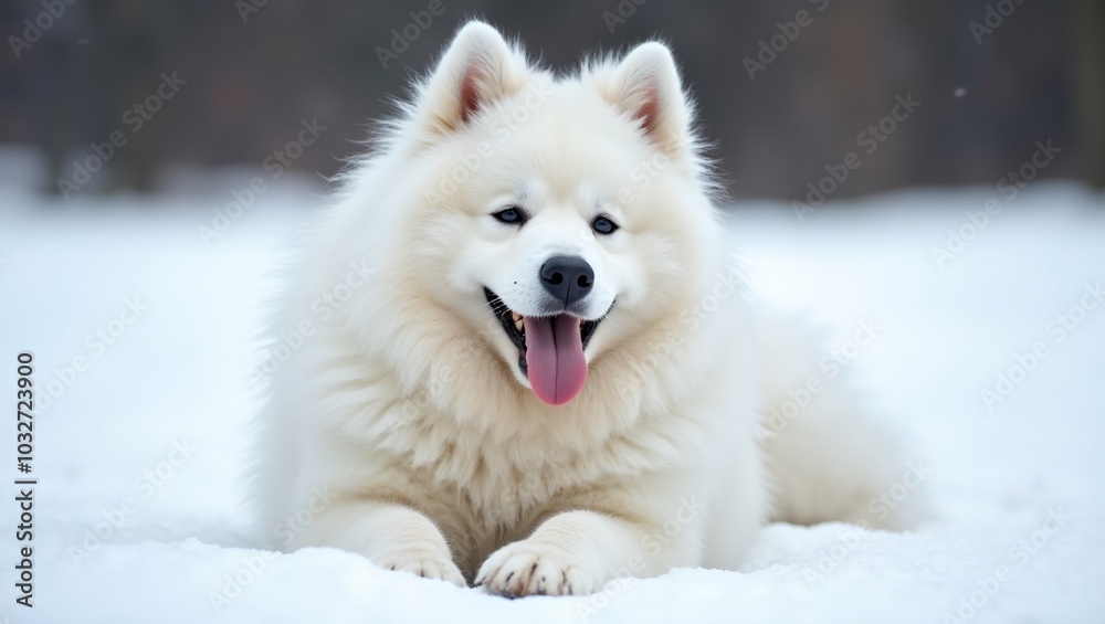 Happy Samoyed dog blending with snow smiling contently Happy Samoyed dog blending with snow smiling contently