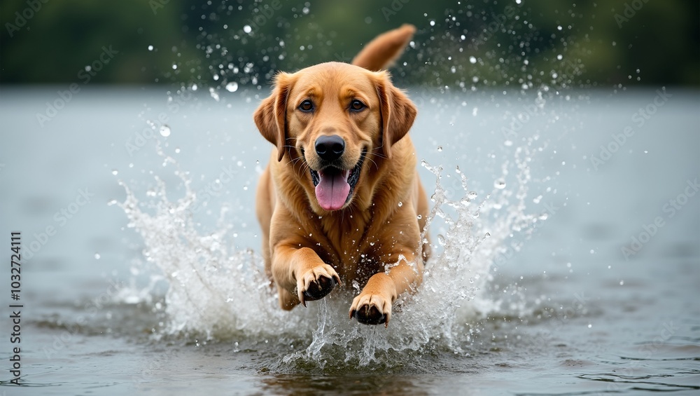 Energetic Labrador Retriever leaping in lake water droplets in air Energetic Labrador Retriever leaping in lake water droplets in air