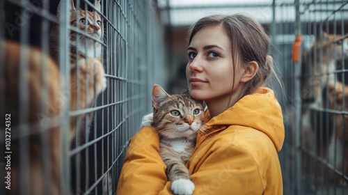 Young woman in yellow raincoat cuddles a cat in shelter photo