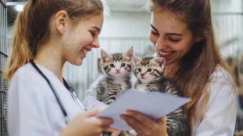 Fototapeta Naklejka Na Ścianę i Meble -  Two women care for kittens at an animal shelter on a sunny day