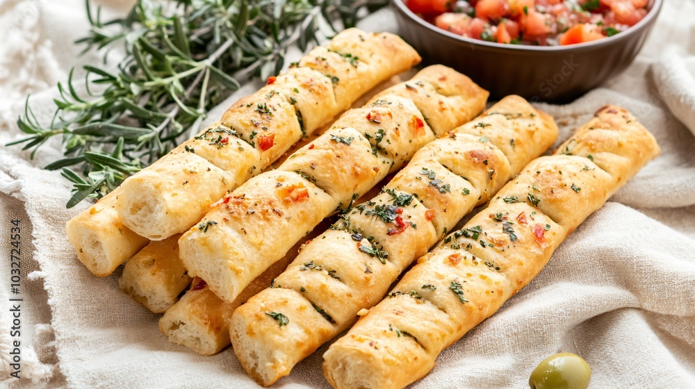 Crunchy breadsticks with herbs and cheese, isolated on a beige linen cloth with decorative olive branches and a bowl of tomato salsa Crunchy breadsticks with herbs and cheese, isolated on a beige linen cloth with decorative olive branches and a bowl of tomato salsa