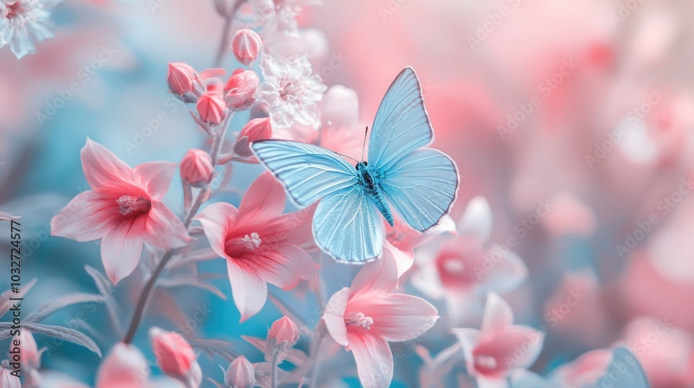 Fototapeta premium A serene butterfly perched on vibrant flowers, creating a tranquil, dreamy atmosphere.