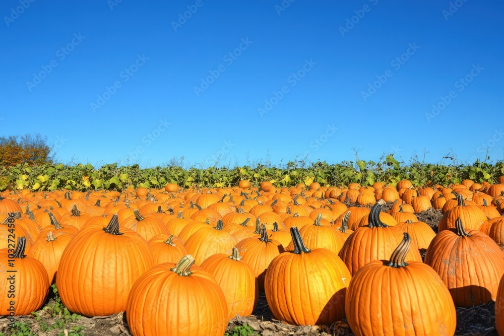 A field pumpkins ready for harvest under a clear blue autumn sky A field pumpkins ready for harvest under a clear blue autumn sky