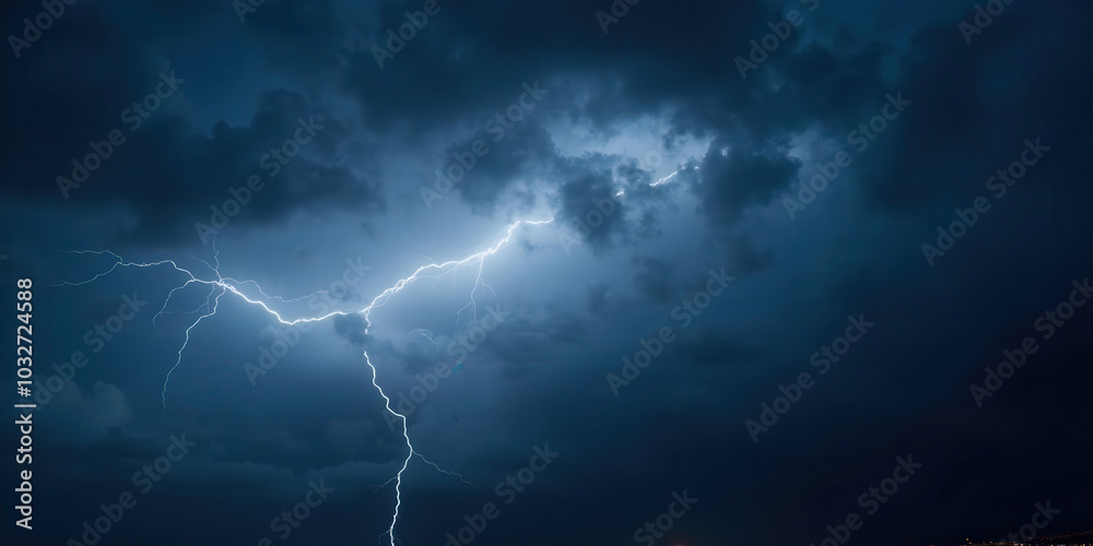 A stormy sky filled with ominous dark clouds, swirling and heavy with impending rain. Lightning occasionally flashes, illuminating the scene and creating a dramatic atmosphere