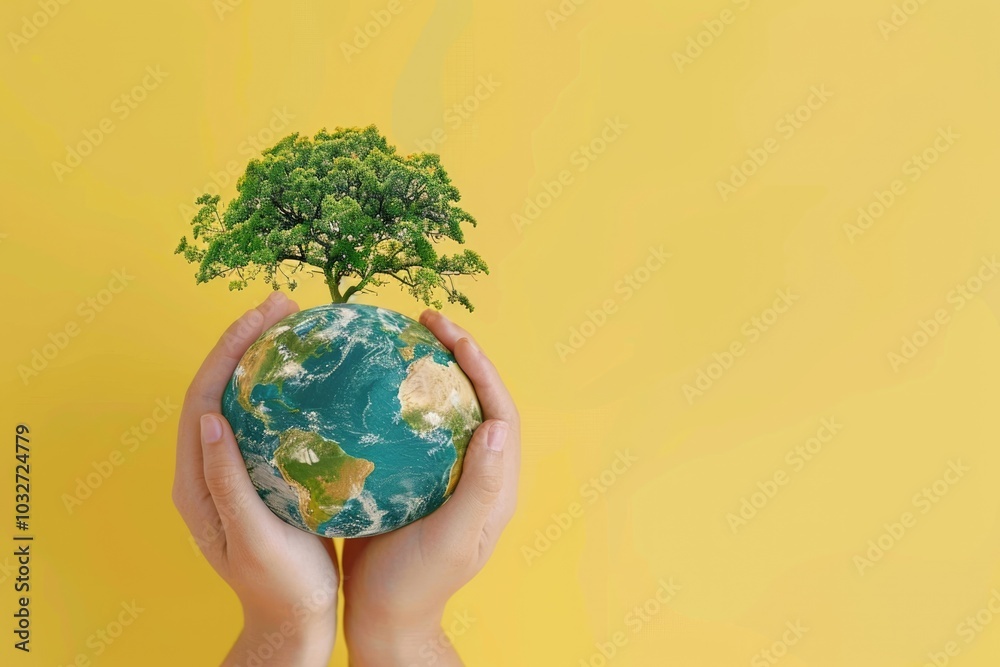 Hands holding paper earth with tree on yellow background. Earth conservation awareness. Hands holding paper earth with tree on yellow background. Earth conservation awareness.