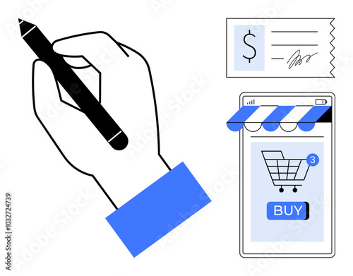 Hand holding pen drawing. Nearby phone displays shopping cart with buy button. Dollar sign receipt. Ideal for online shopping, e-commerce, digital transactions, payment processing, mobile purchases