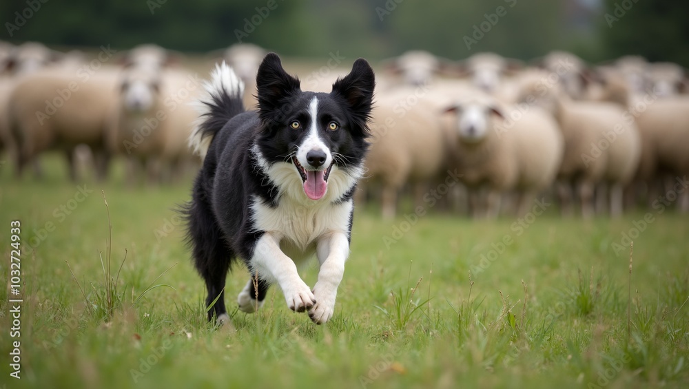 Border Collie herding sheep in lush field showcasing agility and intelligence Border Collie herding sheep in lush field showcasing agility and intelligence