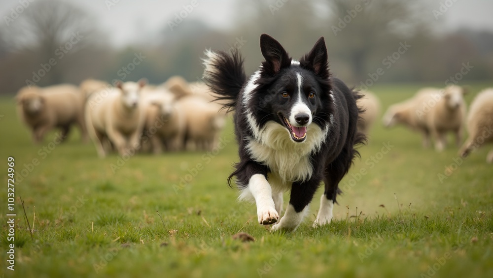 Border Collie herding sheep in lush field showcasing agility and intelligence Border Collie herding sheep in lush field showcasing agility and intelligence