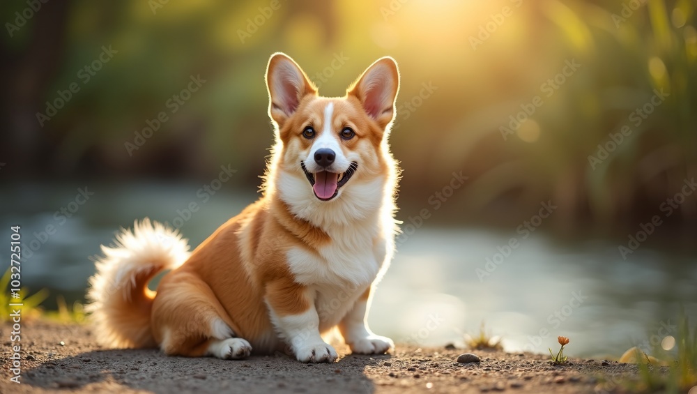 Fototapeta premium Adorable corgi by stream wagging tail