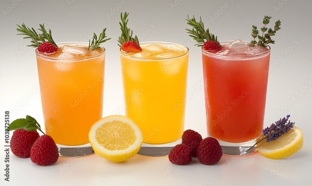 Three colorful drinks with fruits and herbs, perfect for refreshing enjoyment. Three colorful drinks with fruits and herbs, perfect for refreshing enjoyment.
