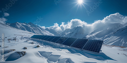 Solar panels on the snow in the mountains
