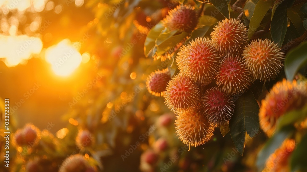 A close-up of spiky fruit hanging on branches during sunset, highlighting nature's beauty. A close-up of spiky fruit hanging on branches during sunset, highlighting nature's beauty.