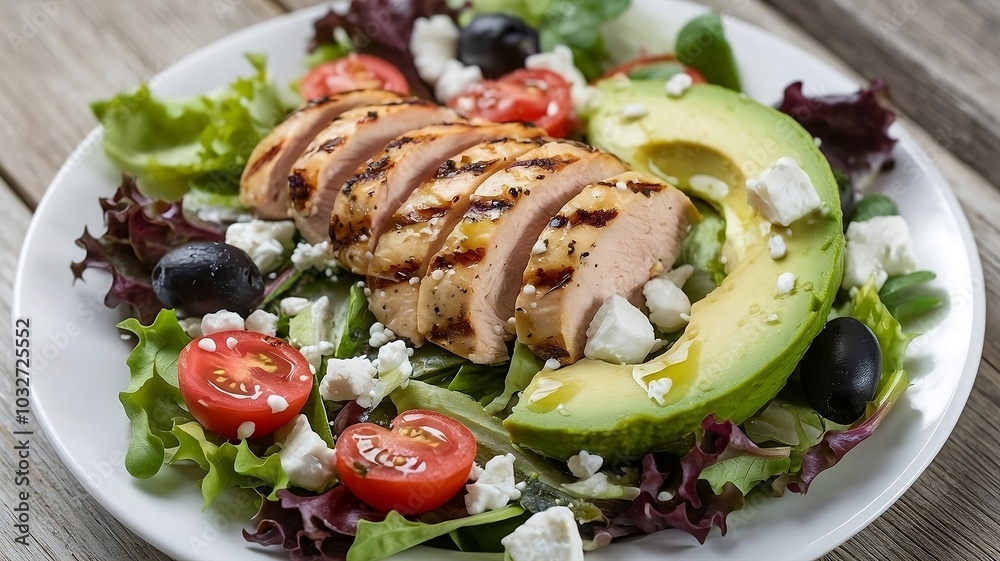 Fresh keto salad with grilled chicken, avocado, cherry tomatoes, and mixed greens created with generative ai Fresh keto salad with grilled chicken, avocado, cherry tomatoes, and mixed greens created with generative ai