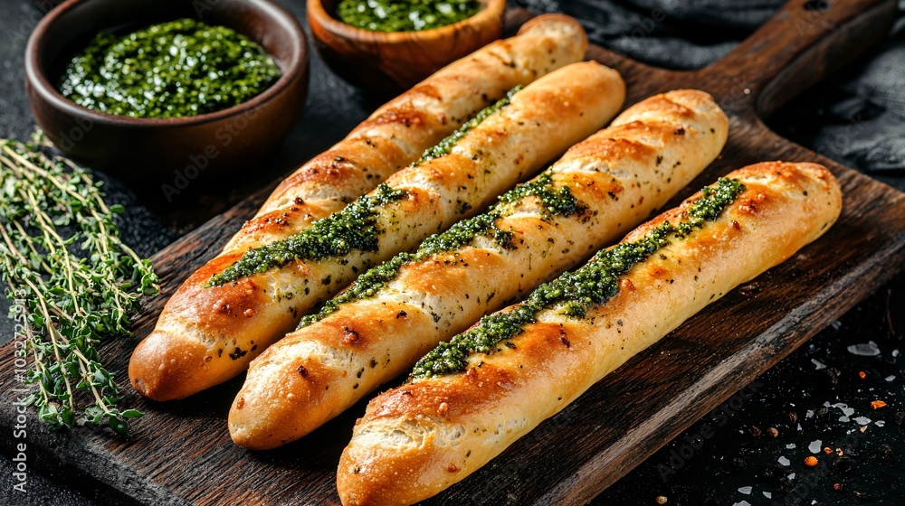 Long rustic breadsticks, isolated on a dark wooden board with decorative thyme sprigs and bowls of pesto sauce Long rustic breadsticks, isolated on a dark wooden board with decorative thyme sprigs and bowls of pesto sauce