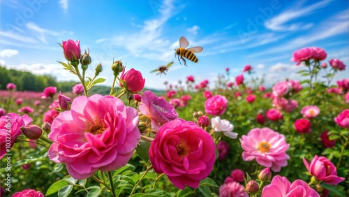 Blooming Field of Pink and Red Wild Roses with Bees Buzzing in Harmony photo