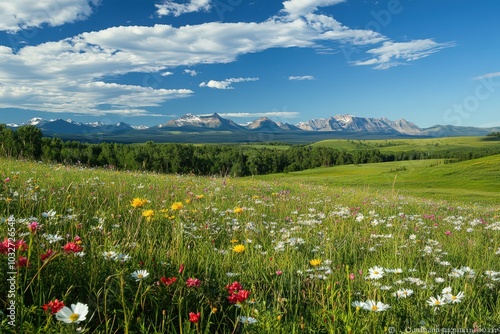 A peaceful meadow with wildflowers and a distant mountain range