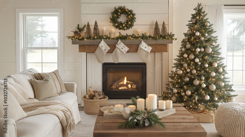 Cozy Living Room with Sustainable Christmas Tree Made from Recycled Wood and Upcycled Ornaments