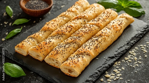 Sesame and poppy seed breadsticks, isolated on a slate background with decorative fresh basil and parmesan