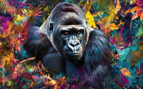 Vibrant Gorilla Emerging from Colorful Jungle Surroundings