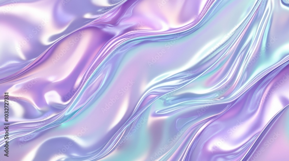 Gradient of mint to lavender metallic liquid background. Abstract neon texture. Rainbow 3d holographic foil. Wavy glossy surface in mint and lavender colors