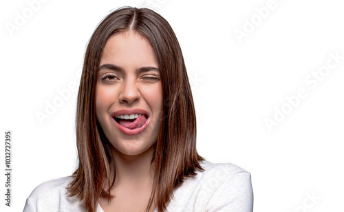 Funky flirty young woman lick teeth tongue wink eye smile. Shows tongue and winks